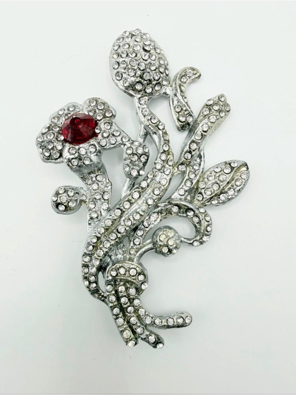 Vintage 1940s Silver Pave Rhinestone Floral Spray Brooch, pot metal